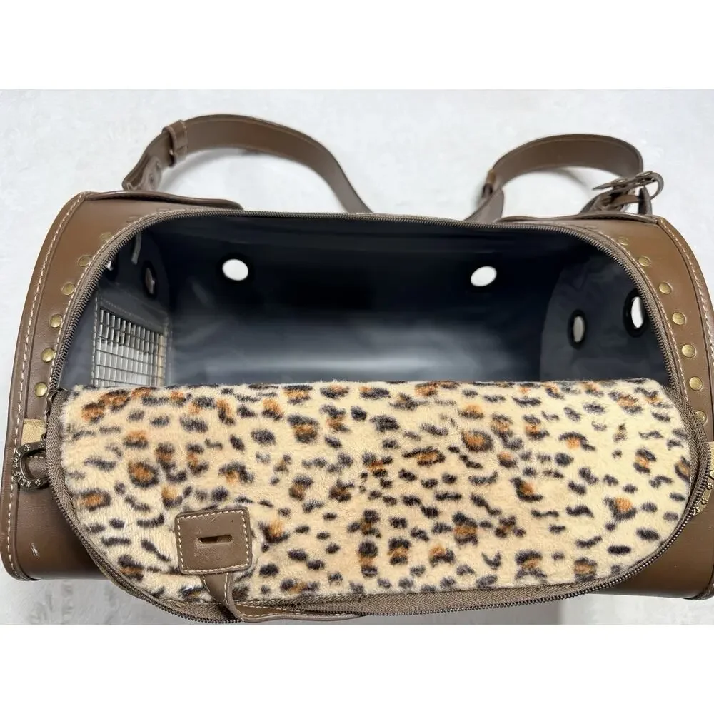Paul Frank Julius Monkey Pet Carrier Bag Tote Brown Canvas Leopard Print Liner